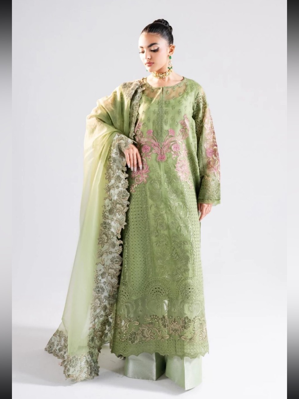Elegant Lime Green Embroidered Women's Dress with Dupatta